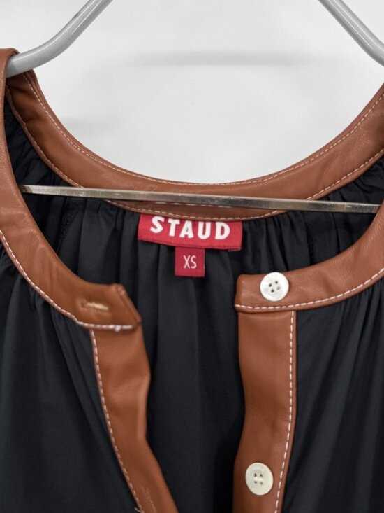 Staud Black Whiskey Vincent Midi Shirt Dress size XS Faux Leather Trim $275 - Picture 4 of 10